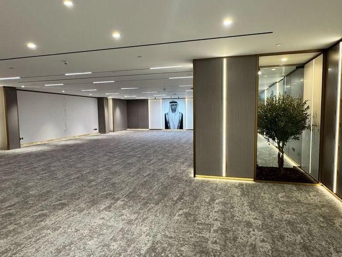 Spacious, modern room with gray carpet, recessed lighting, and a portrait; a tree is visible through a glass window.