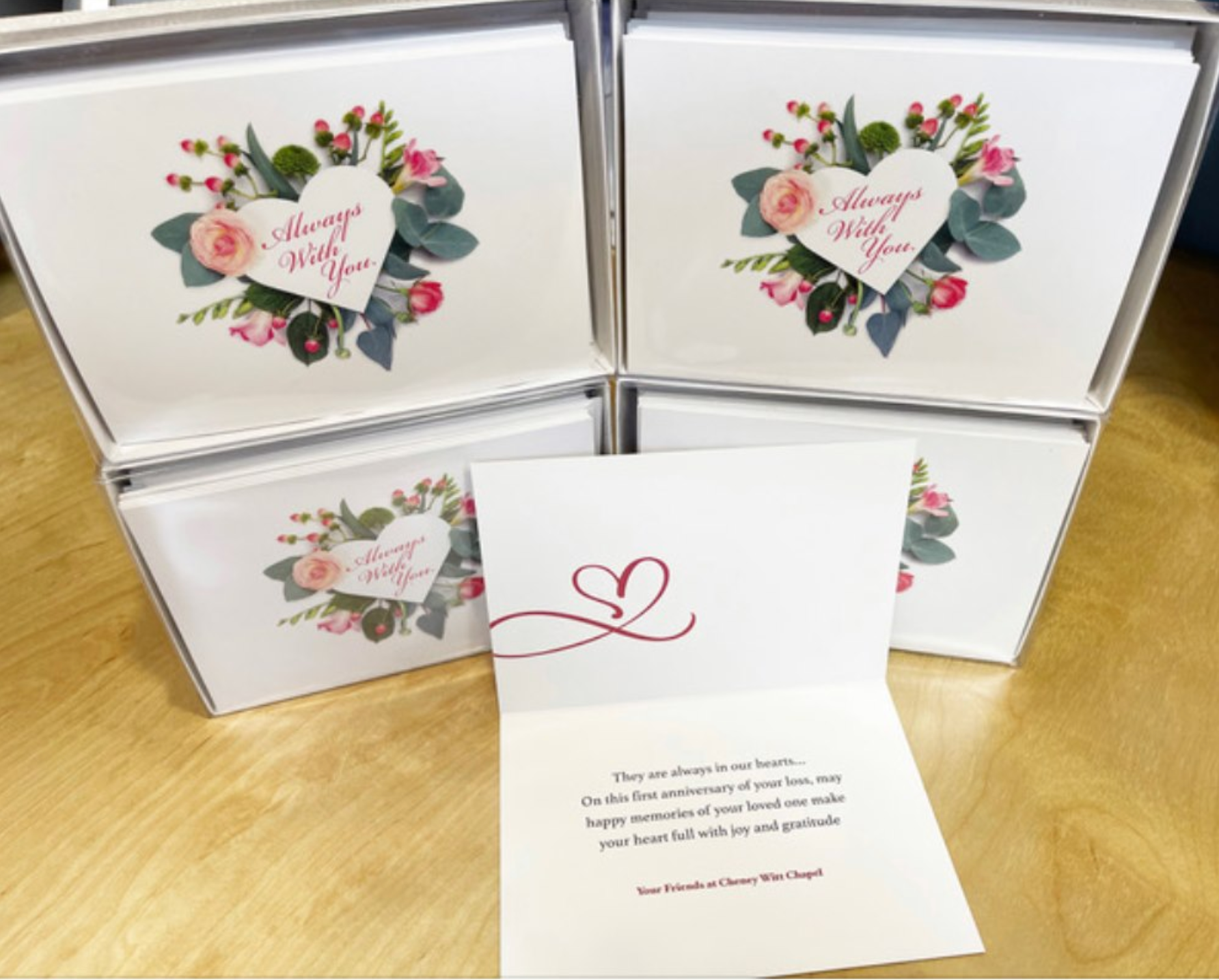 Boxes of custom greeting cards designed by BrandGraphics