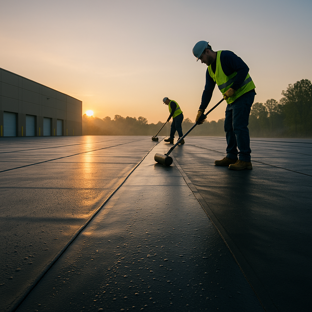 Two workers in safety vests clean a wet industrial pavement at sunrise