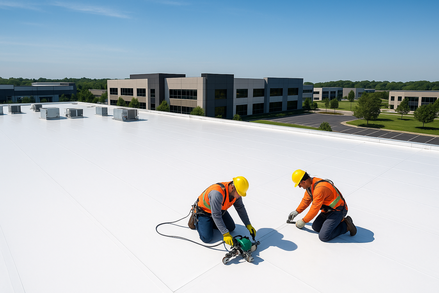 Two workers in orange safety gear installing roofing on a white flat roof with buildings in the background