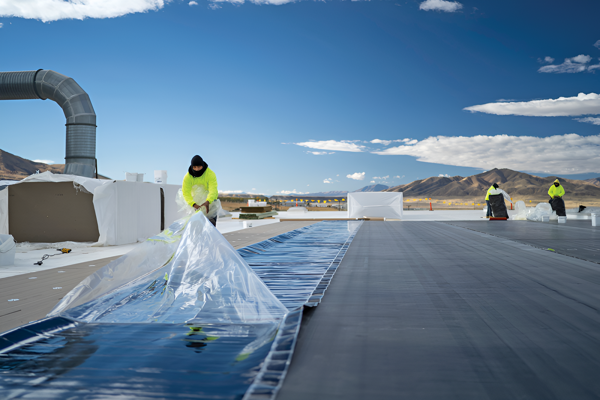 Workers laying a blue tarp on a flat rooftop in snowy conditions under a bright sky