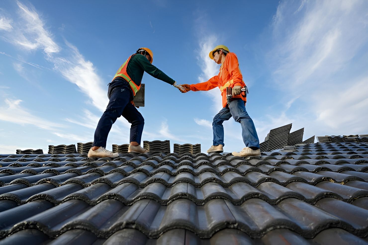 Two workers in orange safety gear shake hands on a tiled roof under a blue sky.