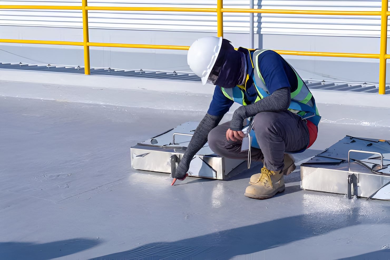 Worker in hard hat crouches on a rooftop, inspecting equipment beside yellow railings.