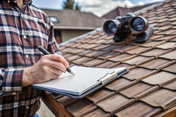 Roof inspector writing notes beside binoculars on a shingled rooftop