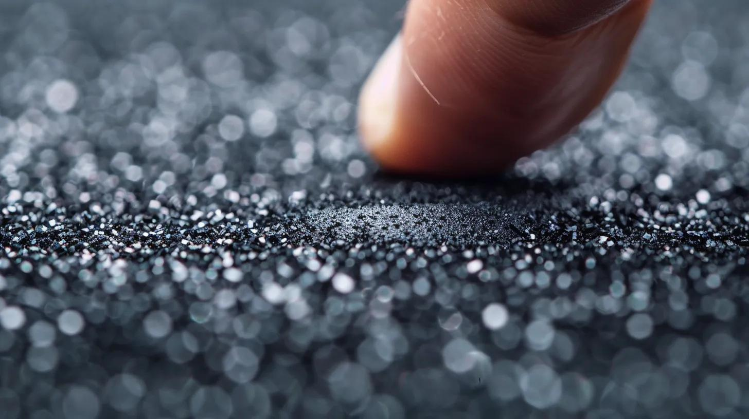Finger touching a textured black surface with sparkling droplets