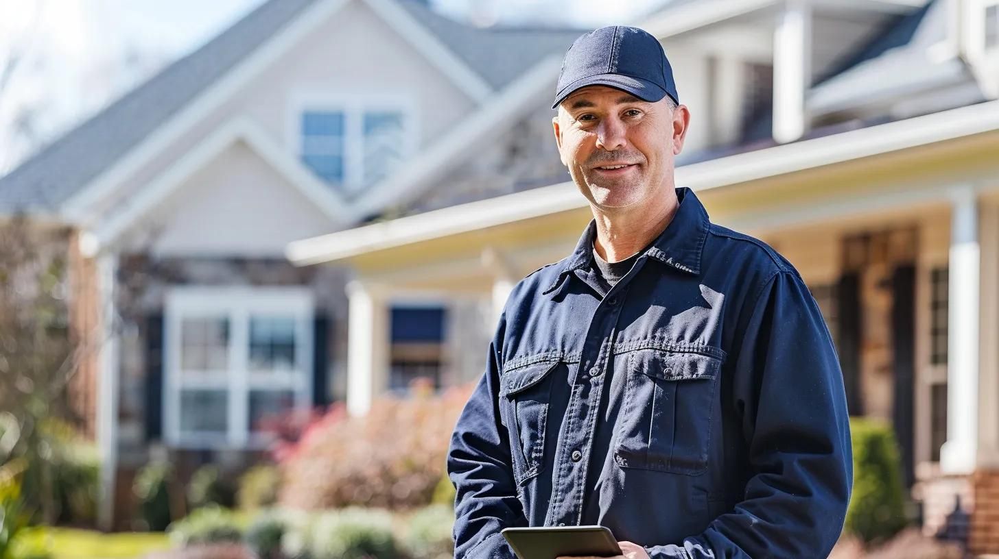 Smiling worker in a navy uniform and cap standing in front of a suburban house holding a tablet.