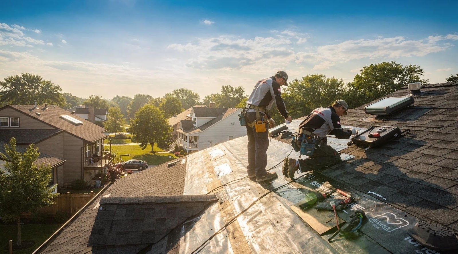 Roofers working on a sunlit house roof, repairing shingles with tools and materials nearby