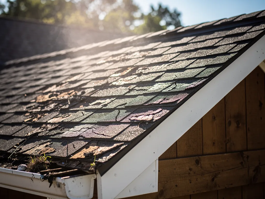 Sunlit shingled roof with a pile of leaves near the eave and a wooden gable wall underneath