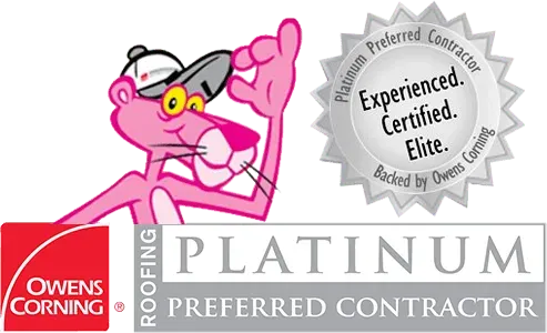 Owens Corning Roofing Platinum Preferred Contractor badge with pink mascot and elite certification seal