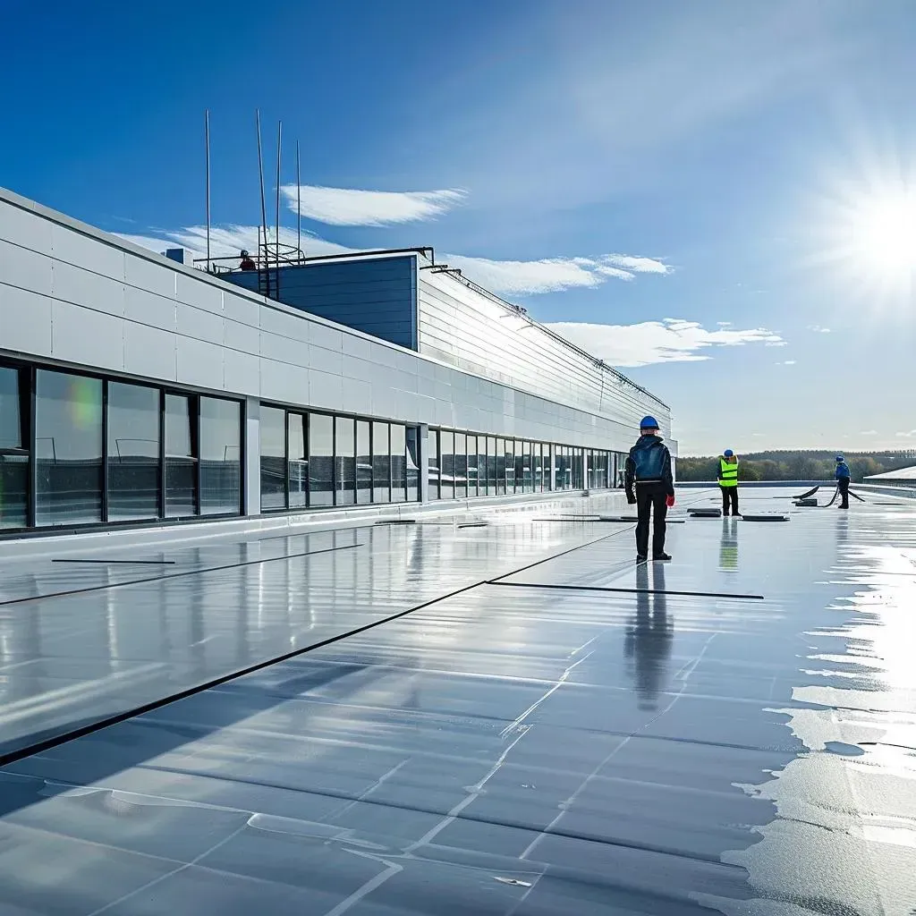 Two people walking on a wet rooftop by a modern building under a bright blue sky