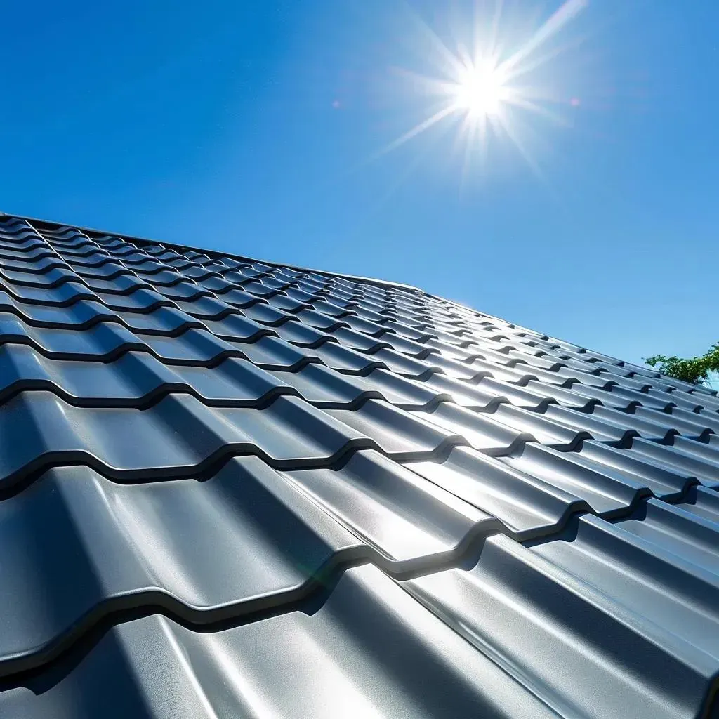 Sunlit blue metal roof under a bright sky with the sun overhead