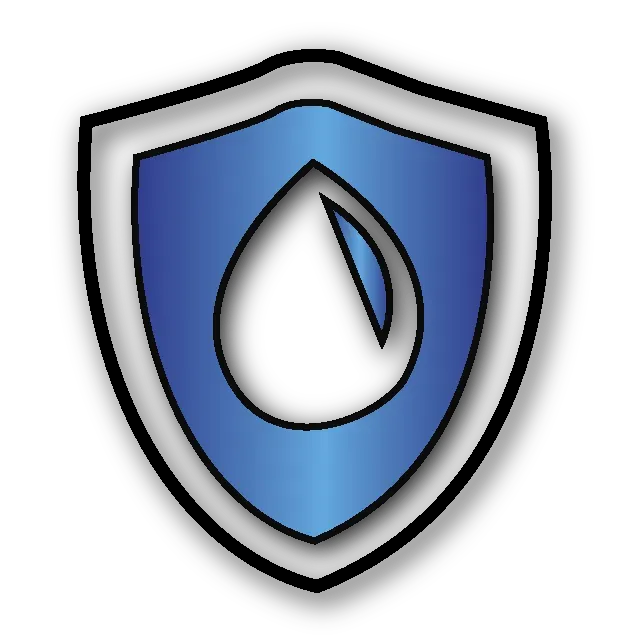 Blue shield with a water droplet icon inside, outlined in black and white