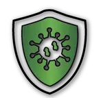 Green shield with a white virus icon in the center