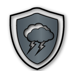 Gray shield icon with storm cloud and lightning bolts