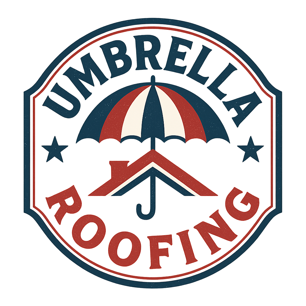 Umbrella Roofing logo with red, white, and blue umbrella over roof and stars