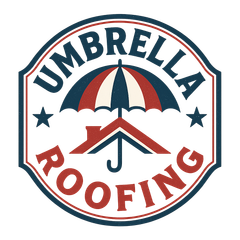 Umbrella Roofing logo with red, white, and blue umbrella over roof and stars