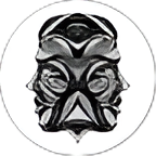 Abstract black-and-white symmetrical mask illustration inside a thin circle.