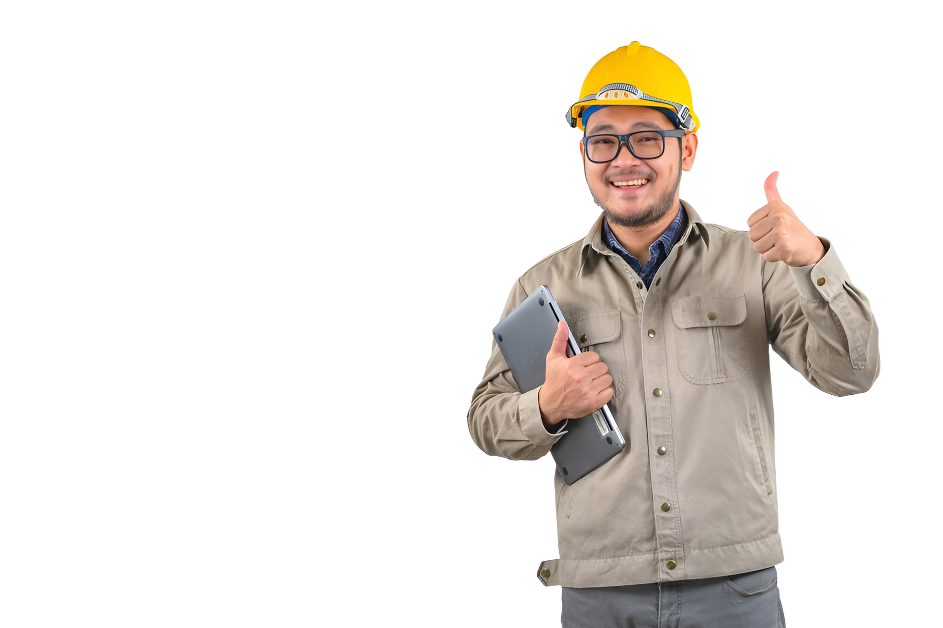 Smiling worker in a yellow hard hat and gray jacket giving two thumbs up on a white background