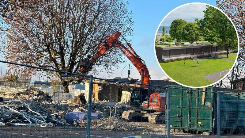 Ein Bild einer Baustelle mit einem Bild eines Parks im Hintergrund.