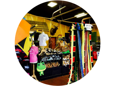 Colorful souvenir shop interior with hanging shirts, patterned scarves, and stuffed toys