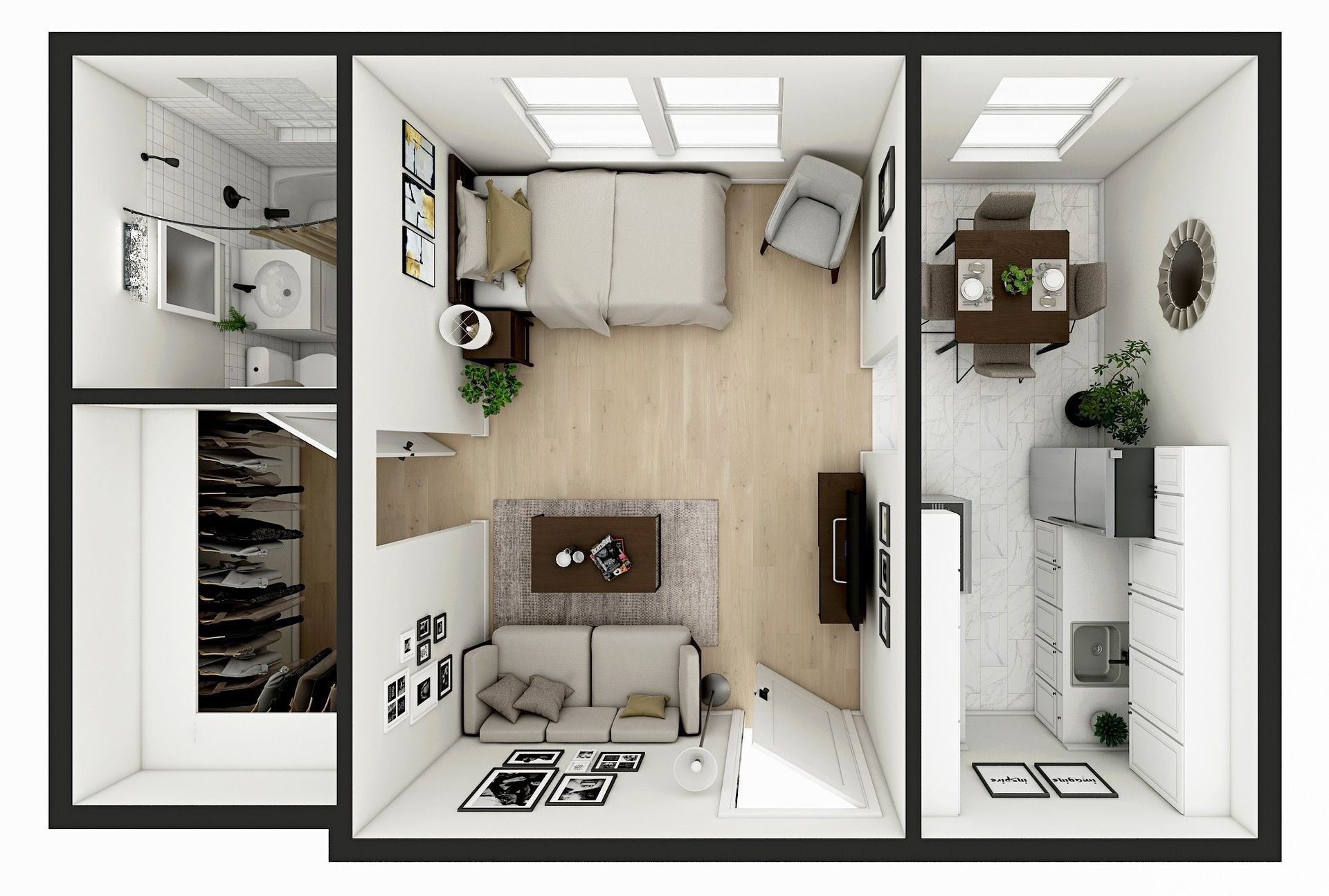 Bird's-eye view of a studio apartment: bedroom, living area, kitchen, and bathroom with neutral tones and modern furniture.