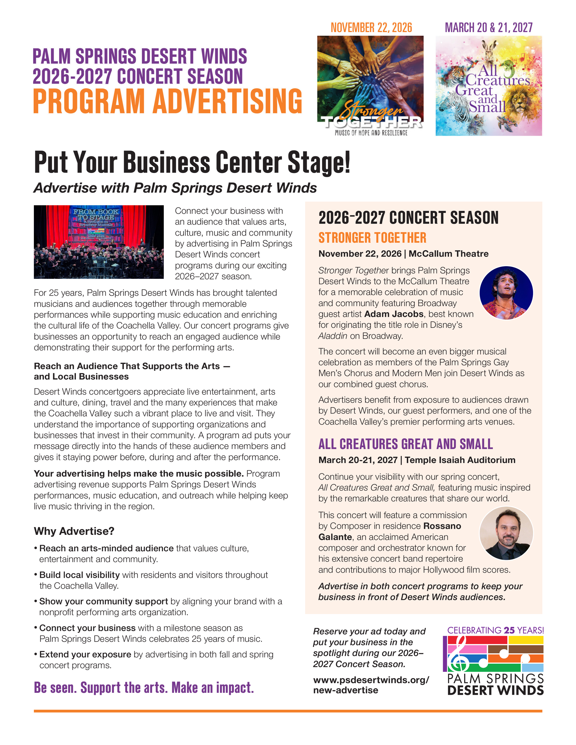 Palm Springs Desert Winds concert season program ad with season dates, featured performers, and colorful event photos