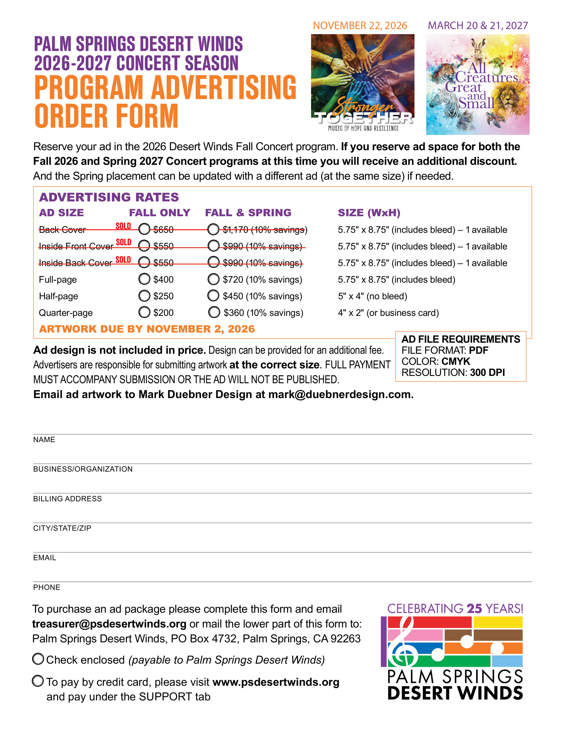 Palm Springs Concerts 2026 program advertising order form with rates, sizes, and contact details