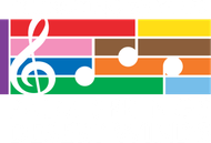 Colorful musical staff with white treble clef and notes on red, pink, blue, green, orange, yellow, and brown bars