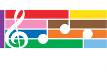 Colorful musical staff with white treble clef and notes on red, pink, blue, green, orange, yellow, and brown bars