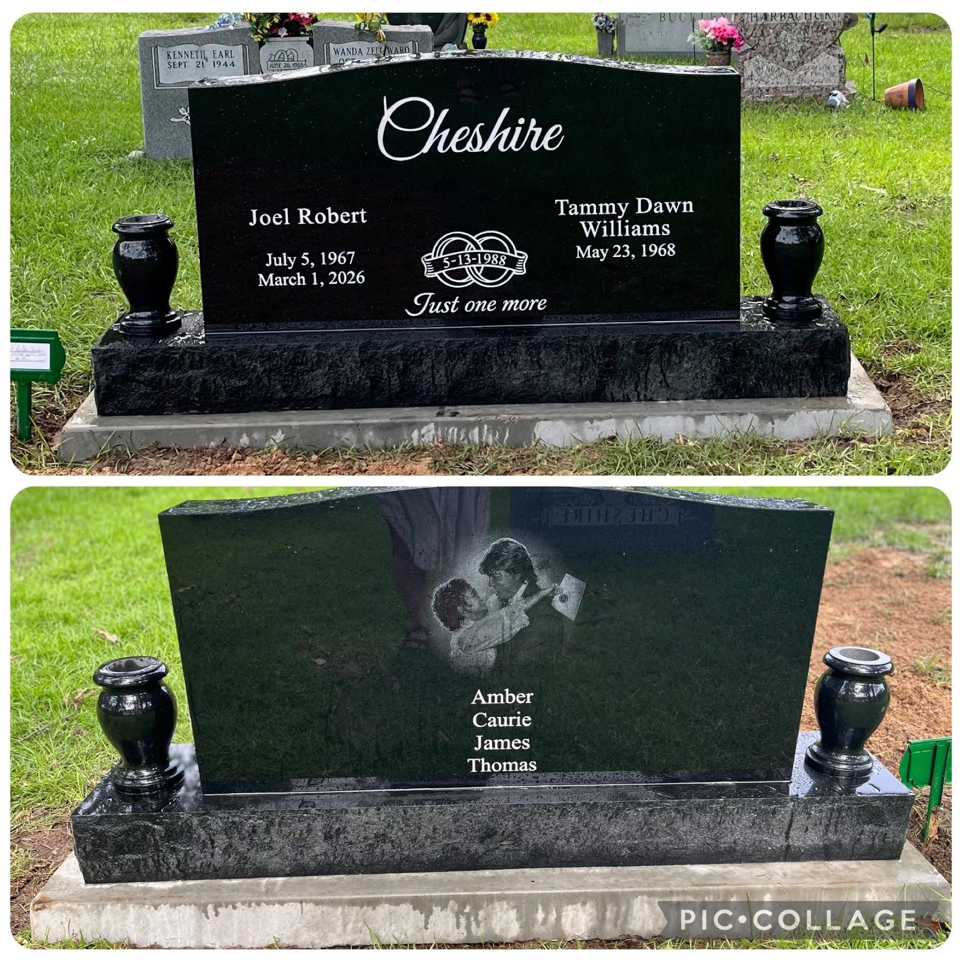 Two black granite pet headstones in a cemetery, one engraved “Cheshire” with names and dates.