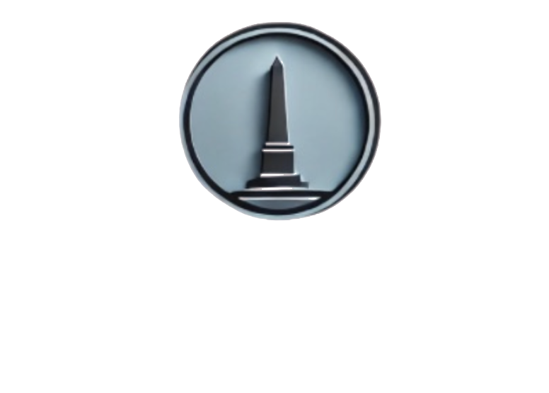 Circular blue-gray icon featuring a black obelisk or monument silhouette in the center.