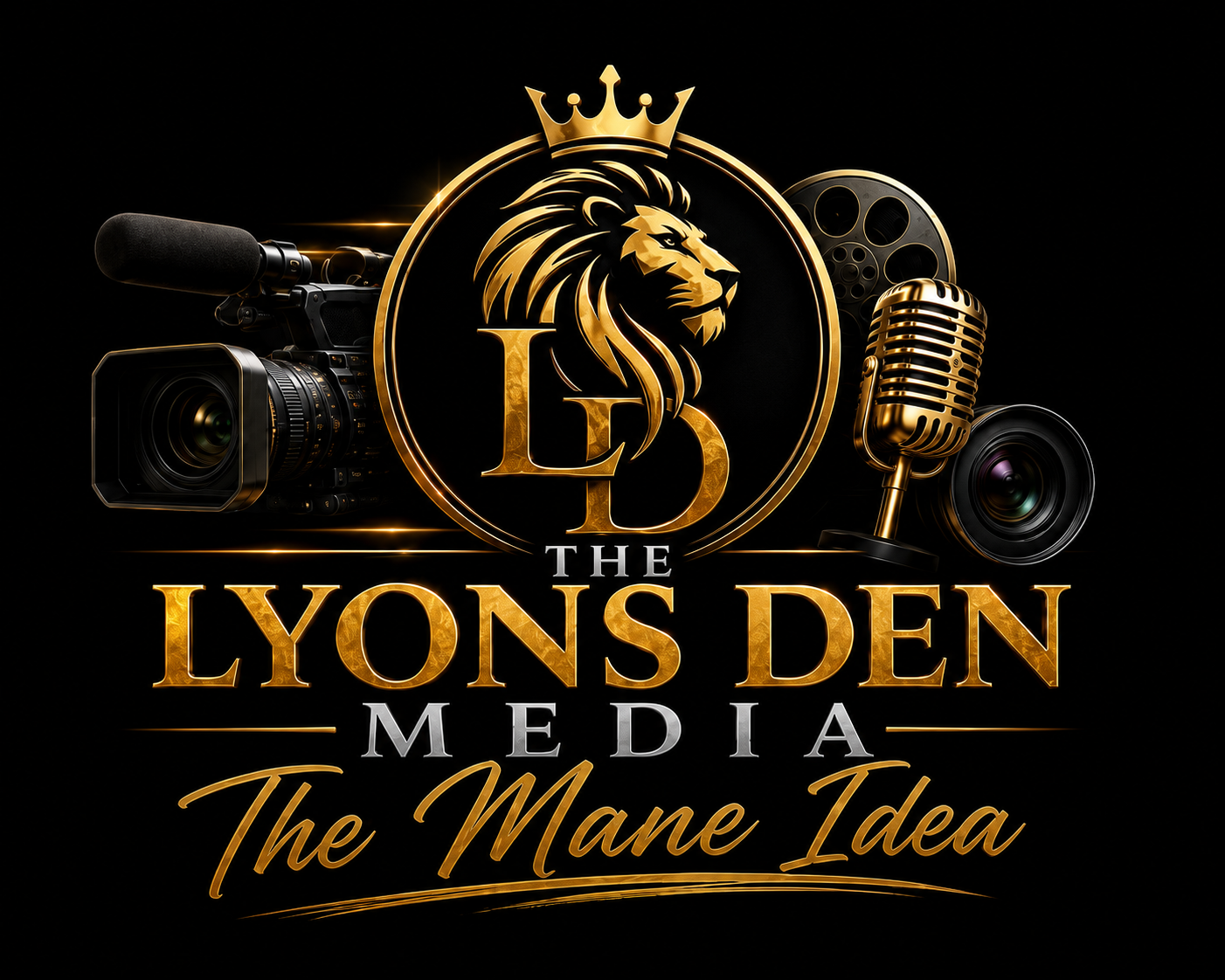 Gold lion logo with camera, film reel, and mic above “The Lyons Den Media” and “The Mane Idea” on black background