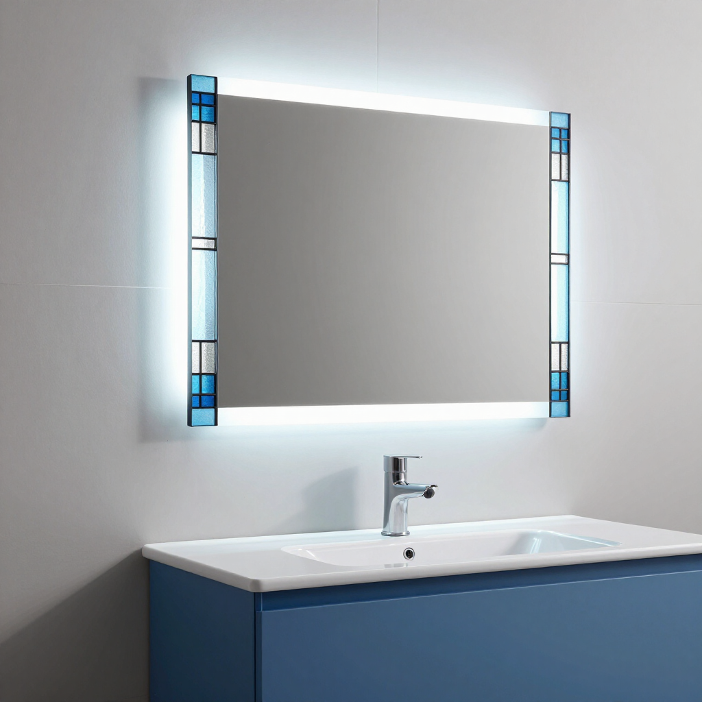 Mueble de baño moderno con espejo iluminado y lavabo blanco sobre un armario azul.