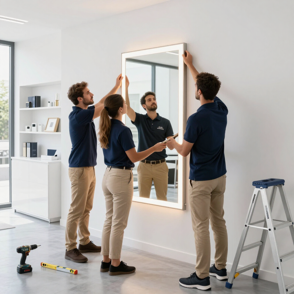 Cuatro personas cuelgan un espejo grande en una pared luminosa de una casa, con herramientas y una escalera de mano cerca.