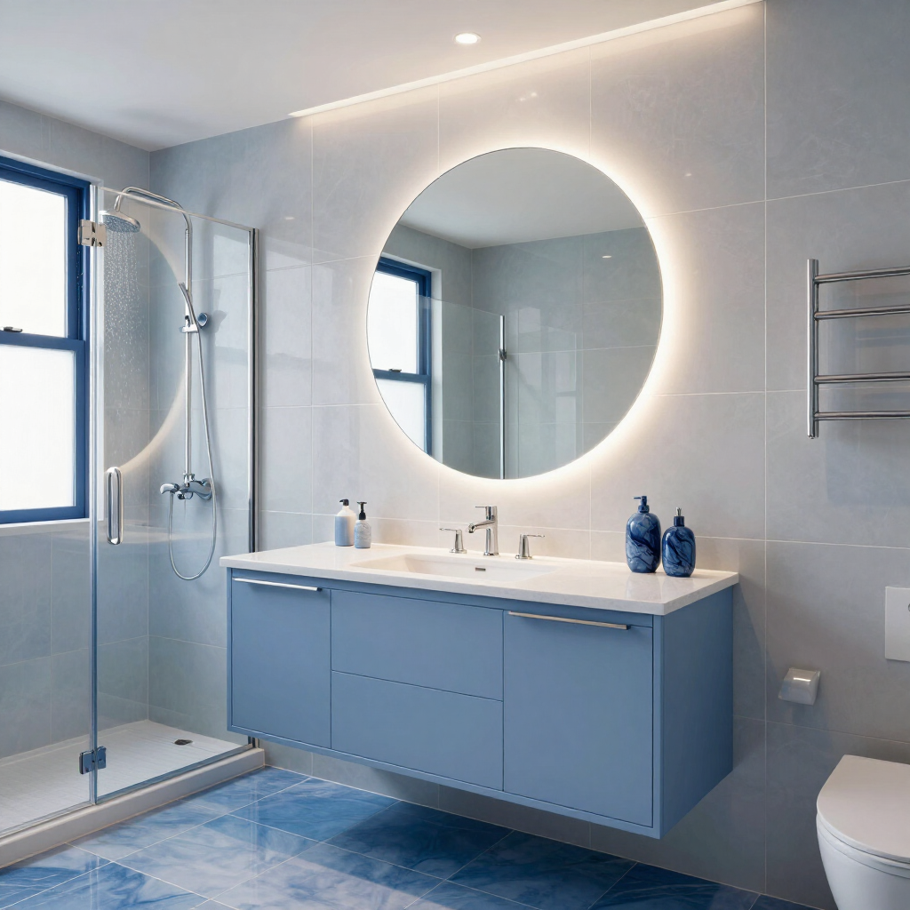 Baño moderno en azul y blanco con espejo redondo iluminado, lavabo, ducha e inodoro.