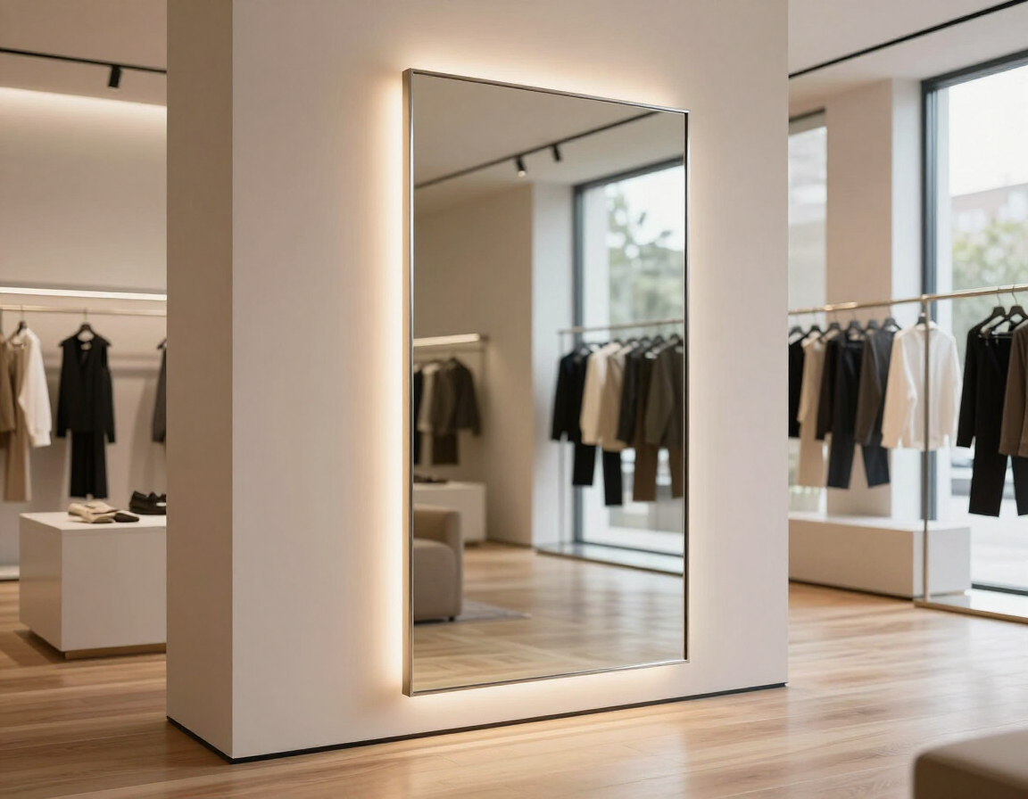 Boutique de ropa moderna con un gran espejo iluminado, percheros con prendas en tonos neutros y suelos de madera.
