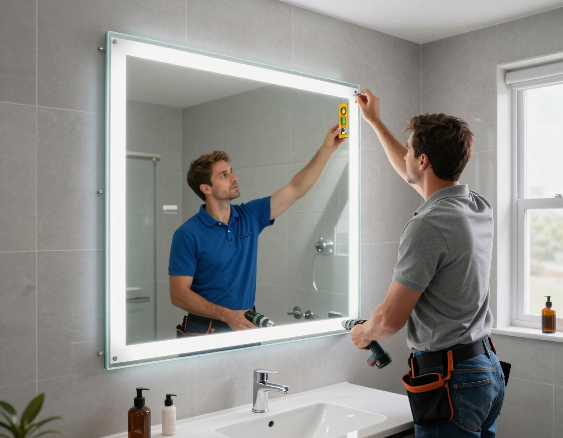 Un hombre ajusta un espejo de baño retroiluminado mientras está de pie frente al lavabo, con su reflejo visible.