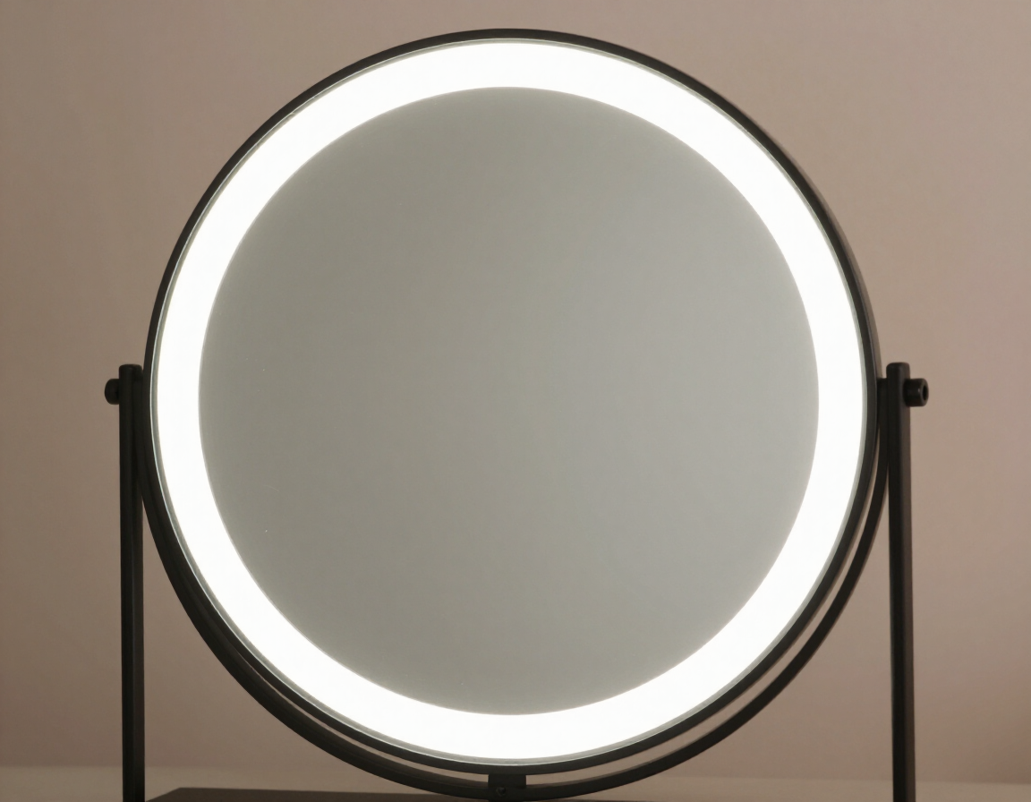 Espejo redondo iluminado sobre soporte negro, sobre fondo beige.