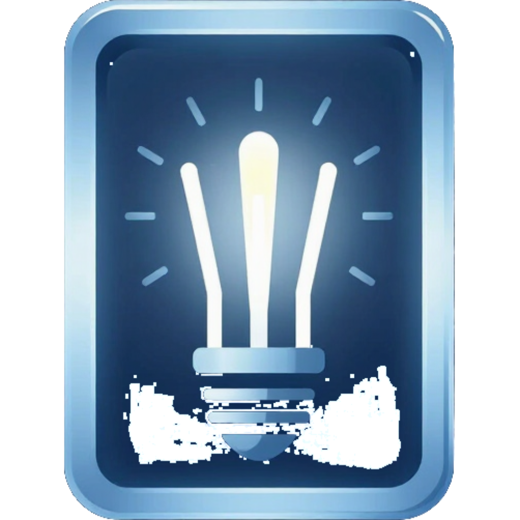Icono cuadrado azul con una bombilla brillante y rayos, que simboliza una idea o inspiración.