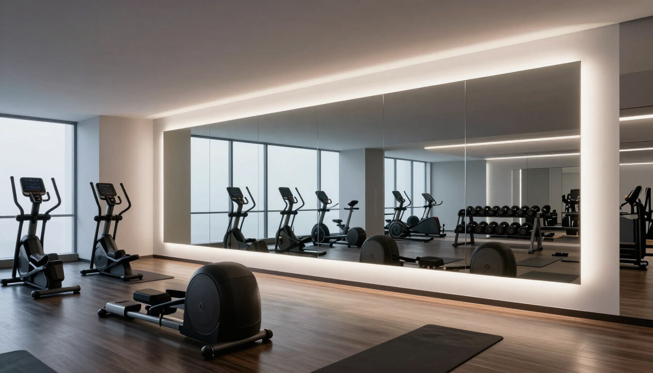 Gimnasio moderno con elípticas, espejos, suelo de madera e iluminación tenue en el techo.