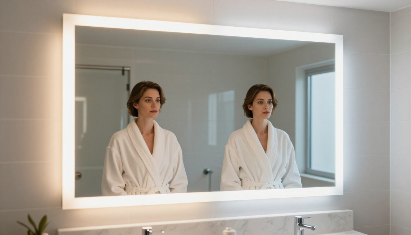 Mujer con bata blanca reflejada en el espejo iluminado del baño, de pie junto al lavabo.