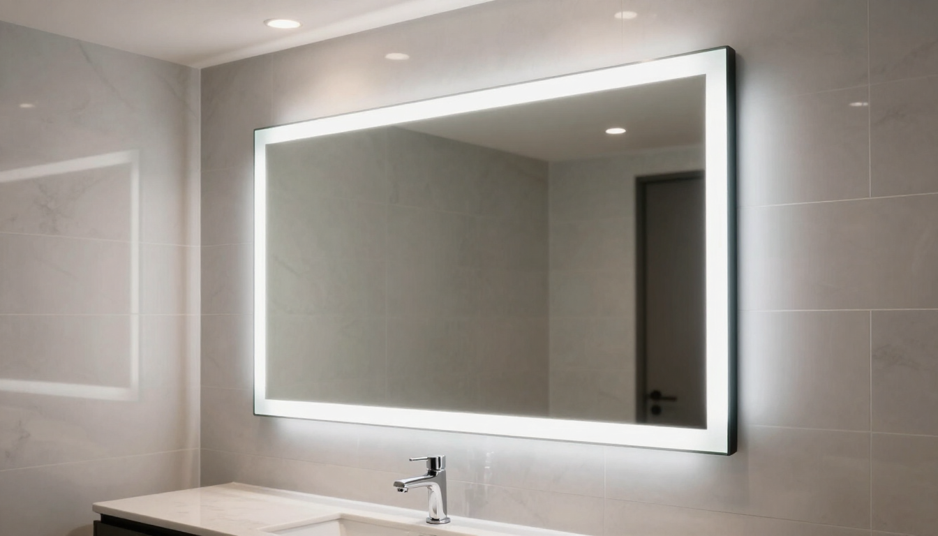 Espejo de baño moderno con iluminación LED sobre el lavabo y el grifo.