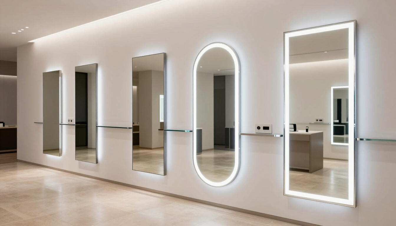 Pared de salón moderna con espejos iluminados y suelo de madera cálida.
