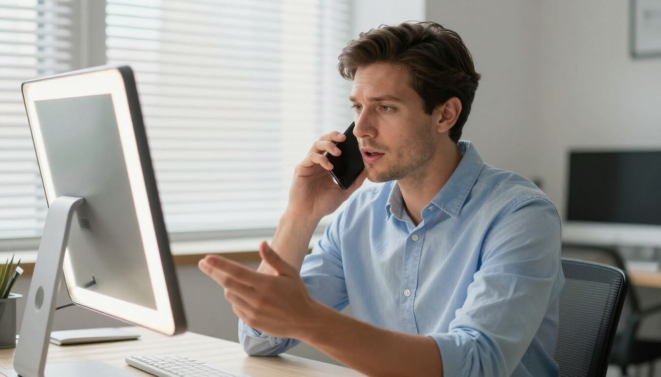 Un hombre hablando por teléfono en un escritorio, haciendo un gesto junto a una computadora en una oficina luminosa.