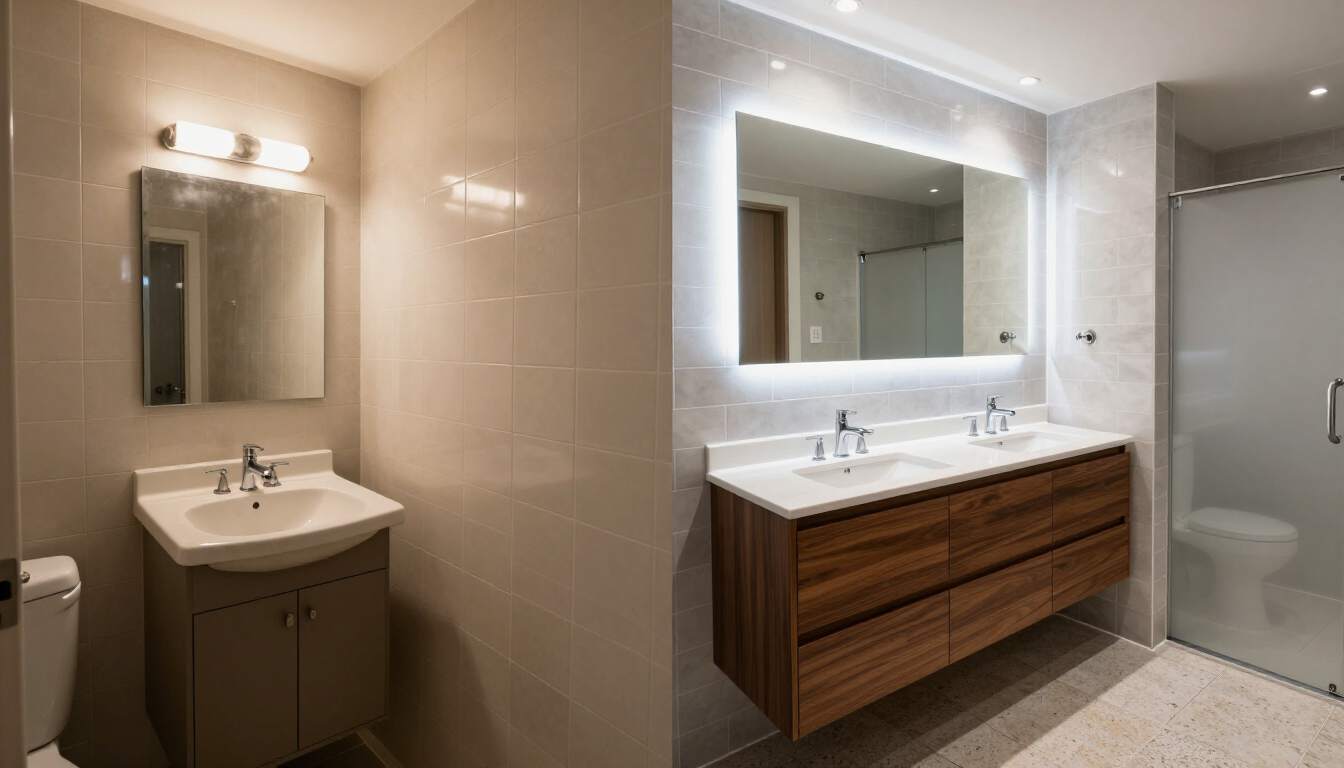Baño moderno con lavabo doble, espejo, apliques de pared y puerta de ducha de cristal.