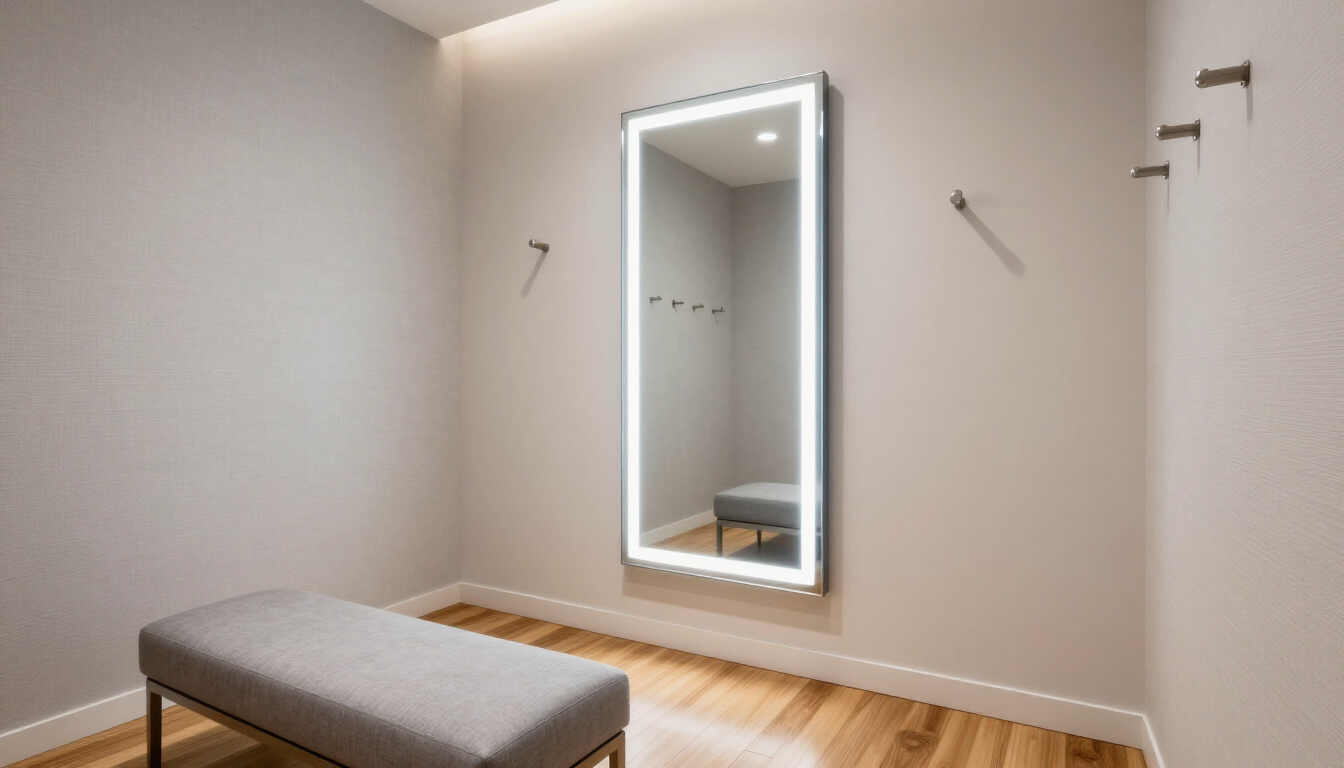 Vestidor minimalista con espejo de cuerpo entero iluminado, banco y percheros en la pared sobre suelo de madera clara.