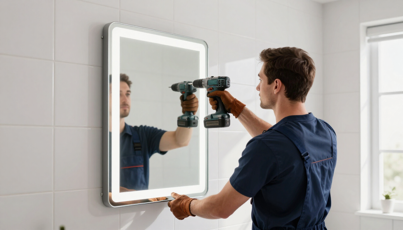 Persona instalando un espejo de pared con un taladro en un baño luminoso.