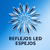 Logo azul con espejo floral y texto “REFLEJOS LED ESPEJOS”