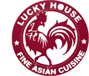 Lucky House Fine Asian Cuisine logo with a rooster in maroon and white circular design