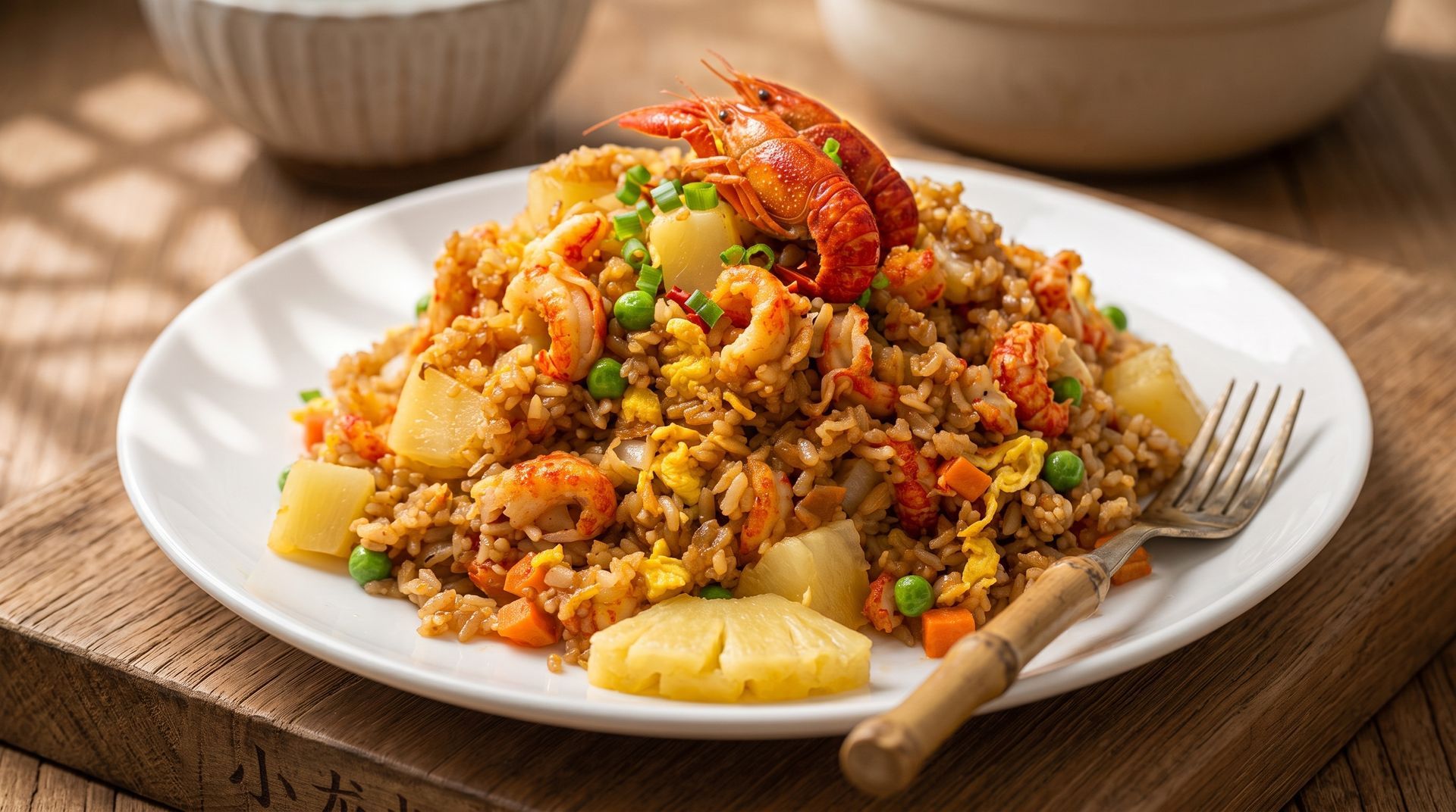 Plate of rice and vegetables topped with shrimp on a wooden table, with a fork beside it